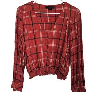 Sanctuary Womens Plaid V-Neck Long Sleeve Smocked Hem Button Front Blouse Red L